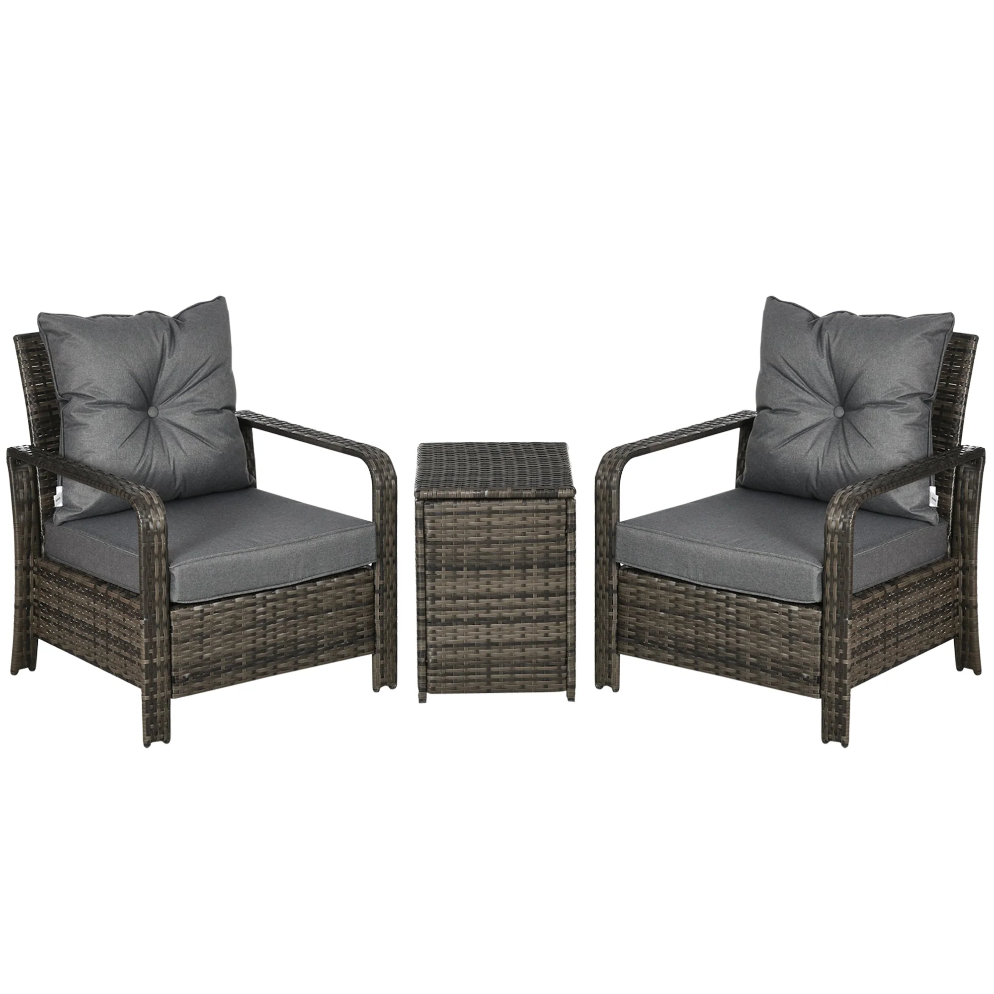 3-Piece PE Rattan Wicker Garden Furniture Patio Bistro Set Weave Conservatory Sofa Storage Table and Chairs Set Grey Cushion & Wicker