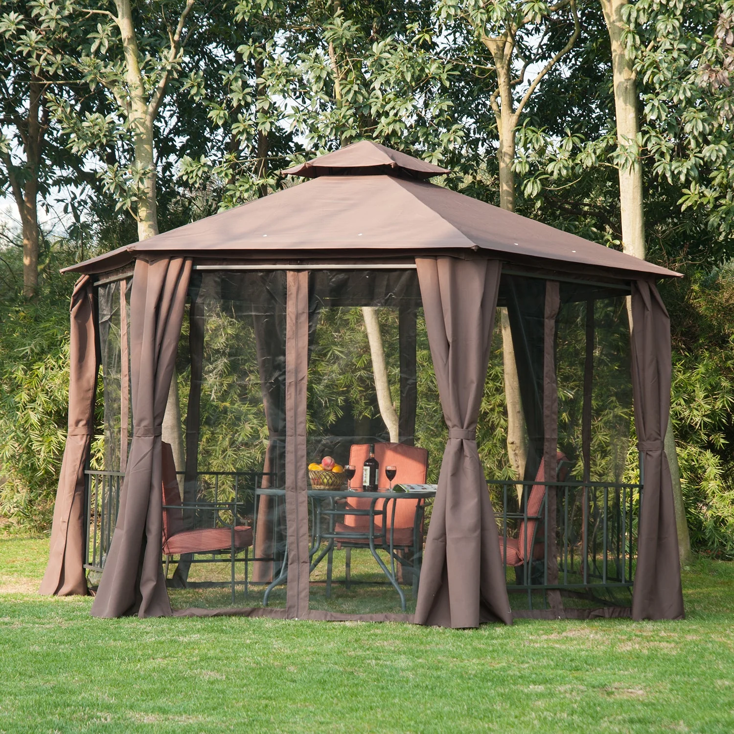 3 x 3M Hexagon Gazebo Patio Canopy Party Tent Outdoor Garden Shelter w/ 2 Tier Roof & Side Panel - Brown - Image 2