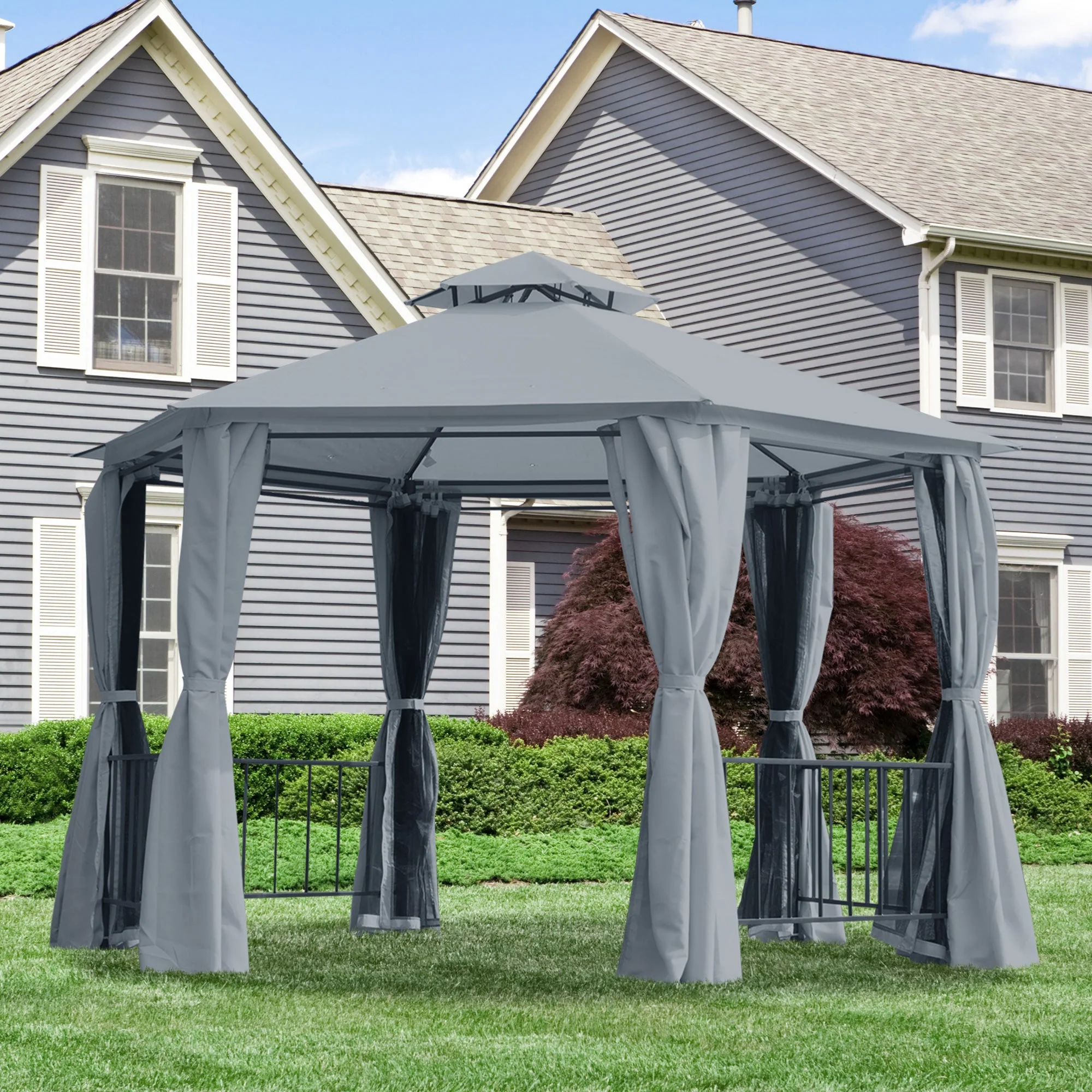 3 x 3M Hexagon Gazebo Patio Canopy Party Tent Outdoor Garden Shelter w/ 2 Tier Roof & Side Panel - Grey - Image 2