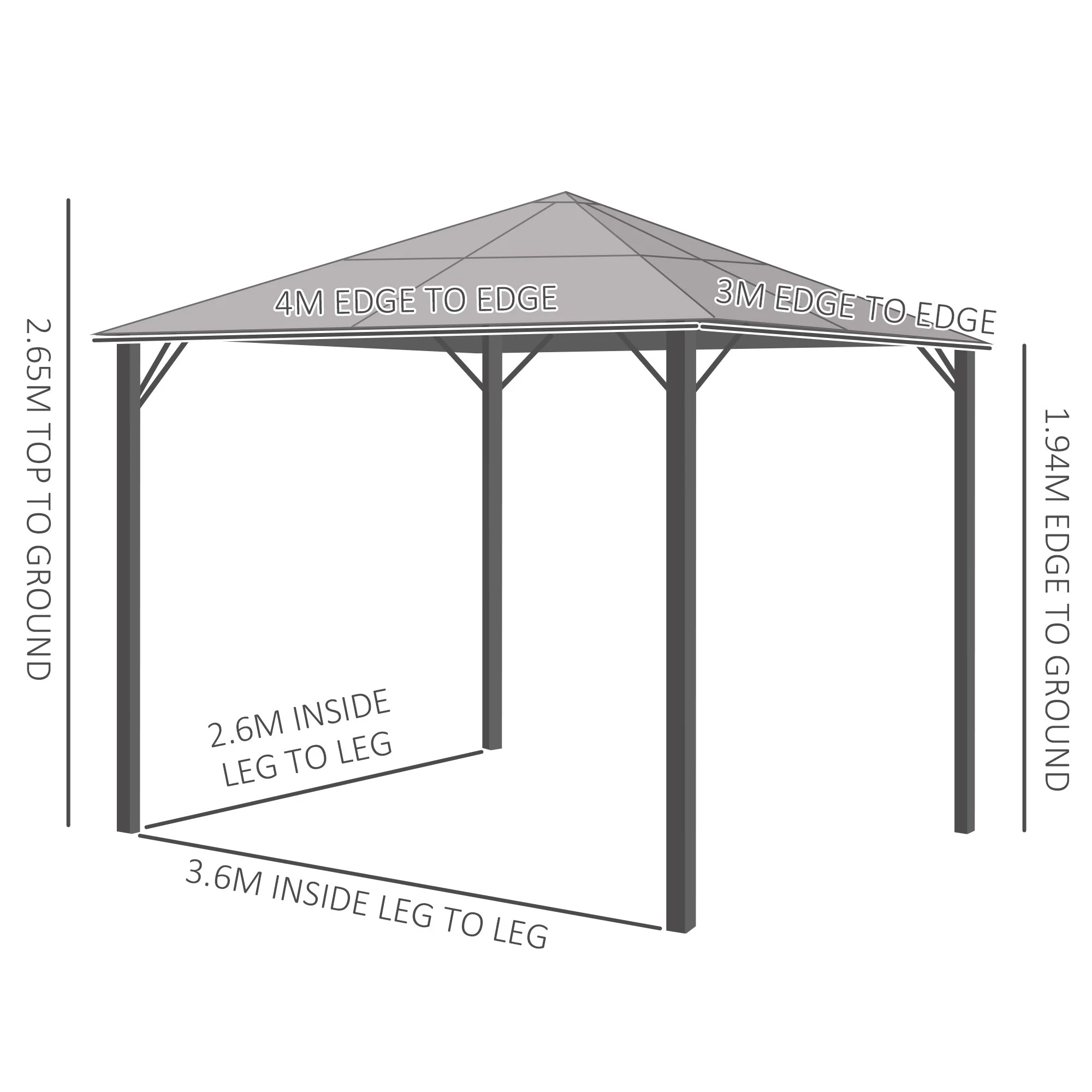 3 x 4m Garden Aluminium Gazebo Hardtop Roof Canopy Marquee Party Tent Patio Outdoor Shelter with Mesh Curtains & Side Walls - Grey - Image 3