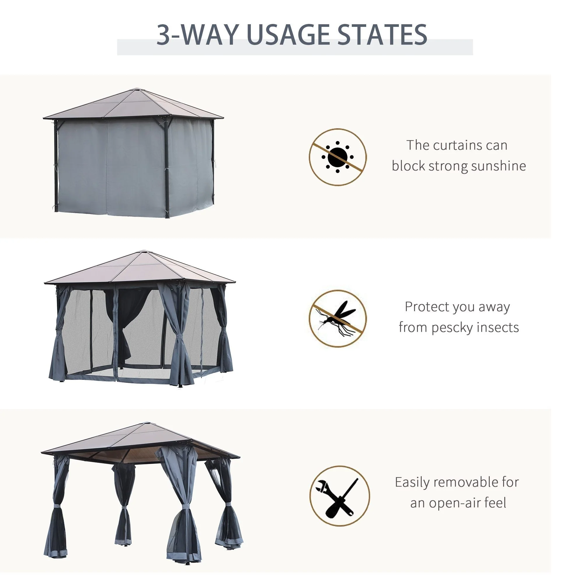 3 x 4m Garden Aluminium Gazebo Hardtop Roof Canopy Marquee Party Tent Patio Outdoor Shelter with Mesh Curtains & Side Walls - Grey - Image 6