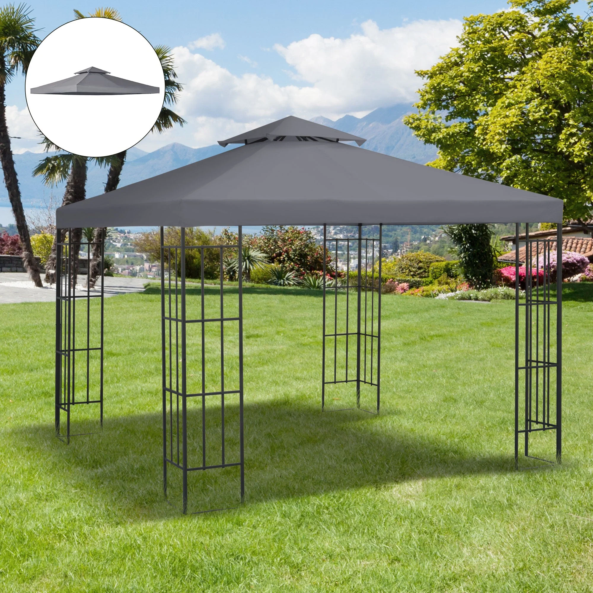 3M Gazebo Top Cover Double Tier Canopy Replacement Pavilion Roof Deep Grey - Image 2