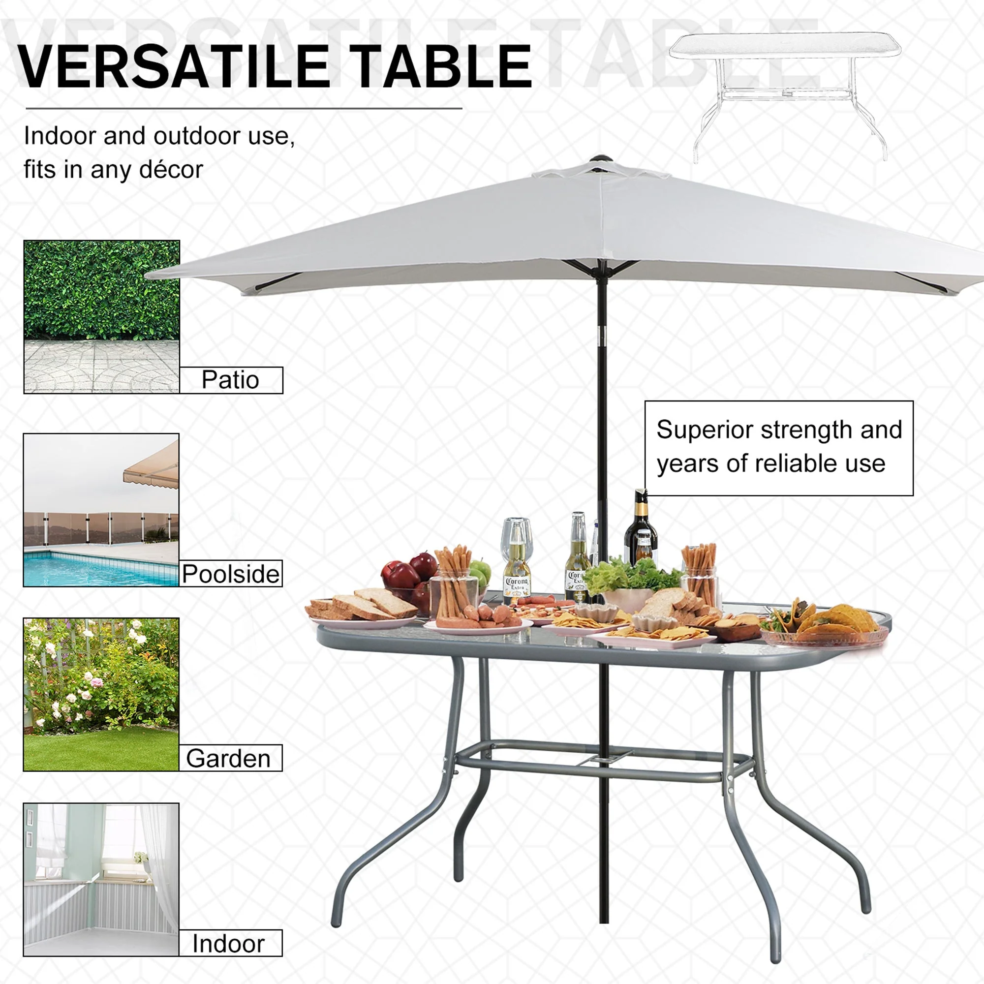 Aquatex Glass Garden Table Curved Metal Frame Parasol Hole 4 Legs Outdoor Grey - Image 3