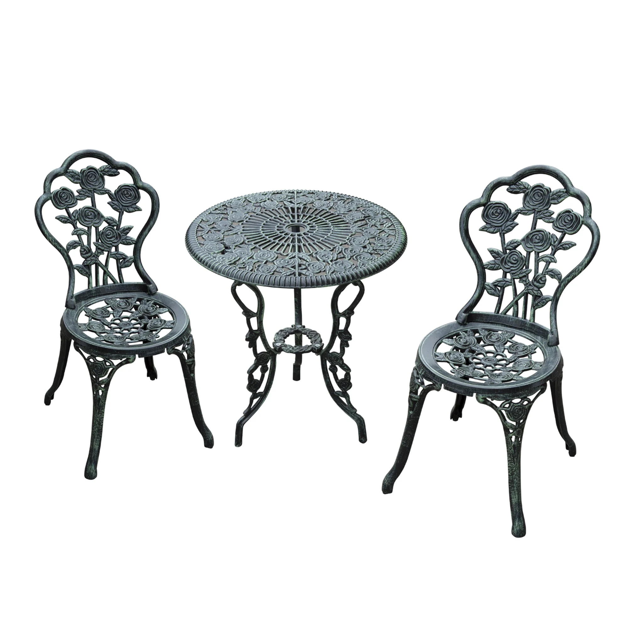 Cast Aluminium Outdoor Patio Garden Bistro Elegant Design Table Chair Set - Green 3-Piece