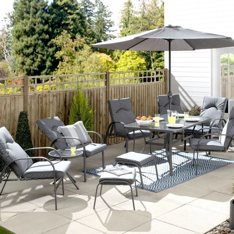 Premium Garden Patio Dining Set - 6 Seats Grey Pinstripe Cushions
