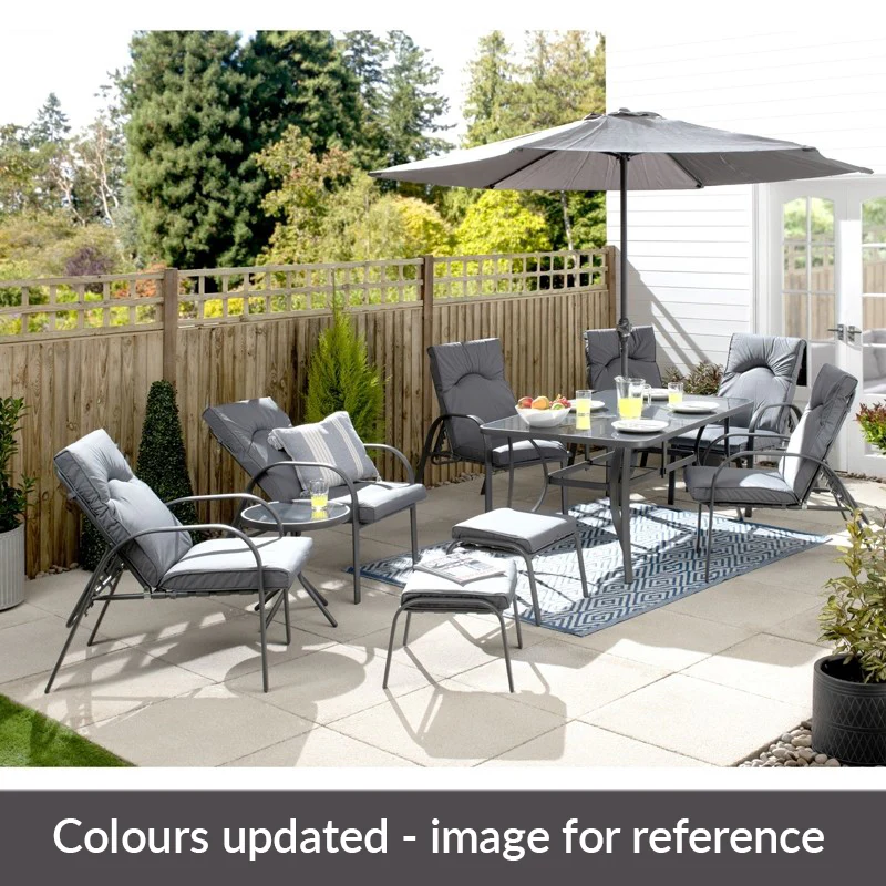 Premium Garden Patio Dining Set - 6 Seats Grey Pinstripe Cushions - Image 2
