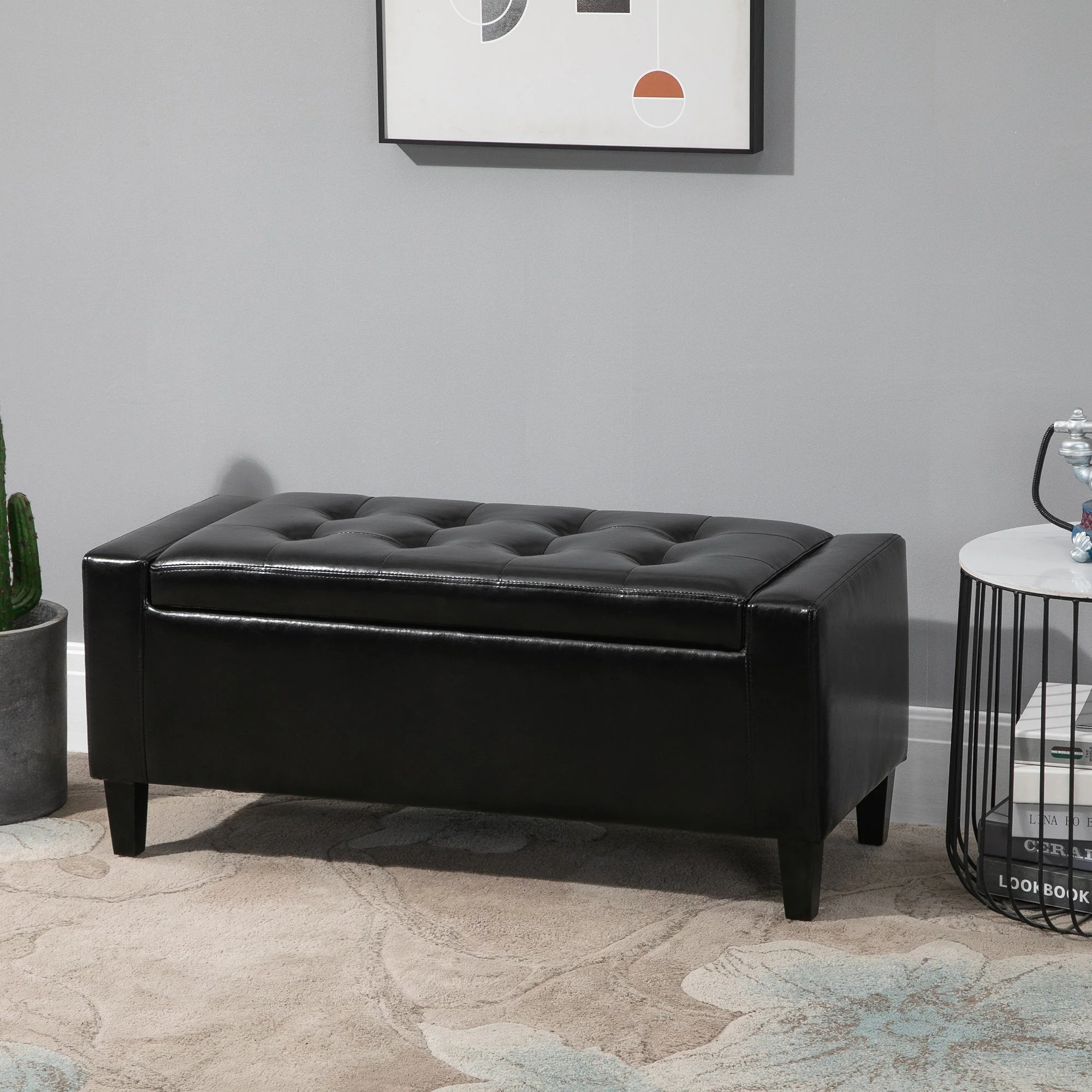 Homcom PU Leather Storage Ottoman Bench Storage Chest Tufted Ottoman Cube w/ Flipping Top 92L x 40W x 40H cm Black - Image 2