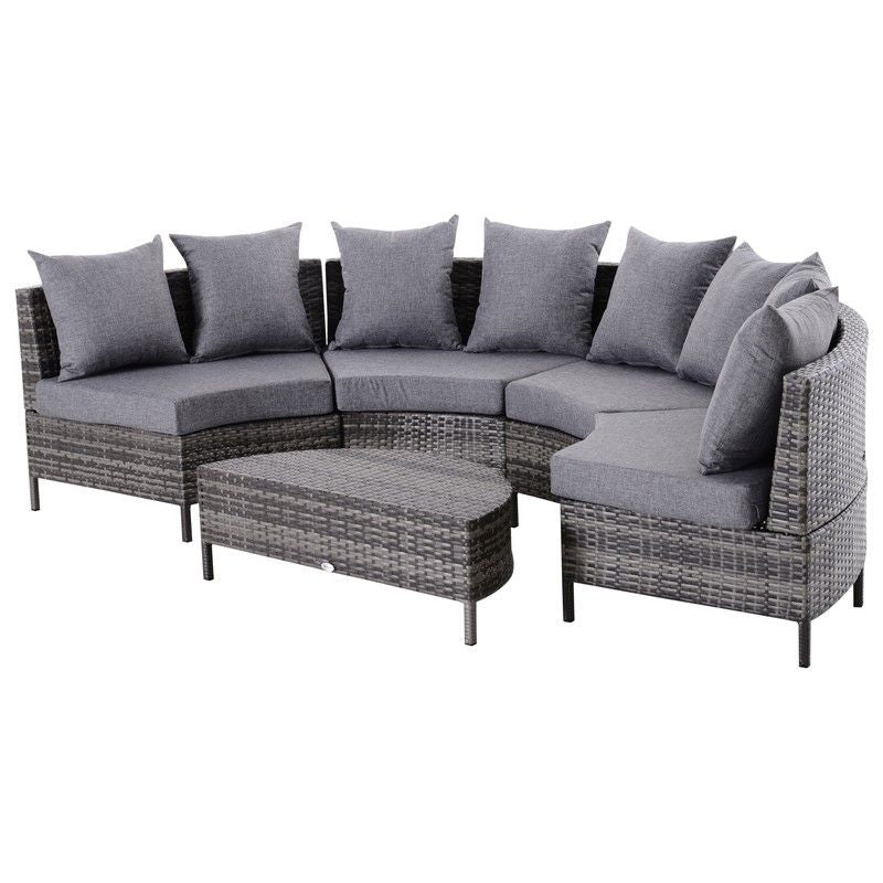 Rattan Garden Furniture 4 Seaters Half-Round Patio Outdoor Sofa & Table Set Wicker Weave Conservatory Cushioned Seat With Pillow - Grey