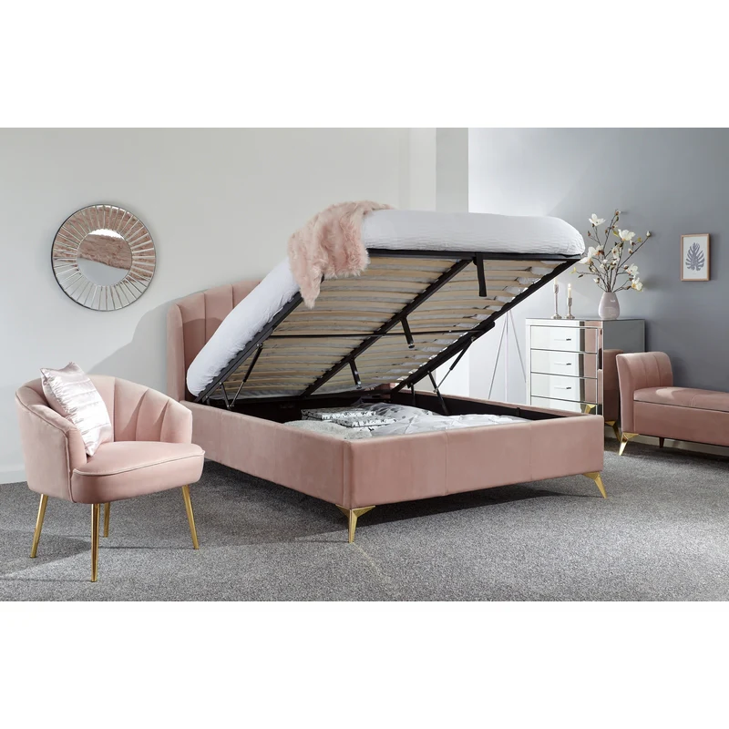 Pettine Double Ottoman Bed Wood & Fabric Pink 5 x 7ft - Image 2