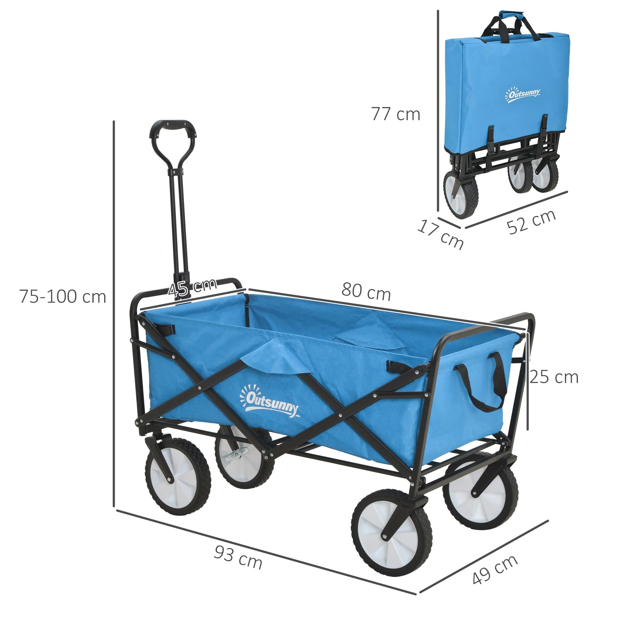 Pull Along Cart Folding Cargo Wagon Trailer Trolley for Beach Garden Use with Telescopic Handle - Blue - Image 3