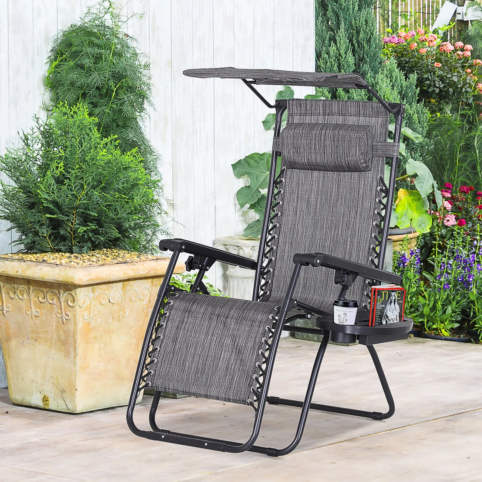 Zero Gravity Garden Deck Folding Chair Texteline Patio Sun Adjustable Lounger Reclining Seat with Cup Holder & Canopy Shade - Grey - Image 2